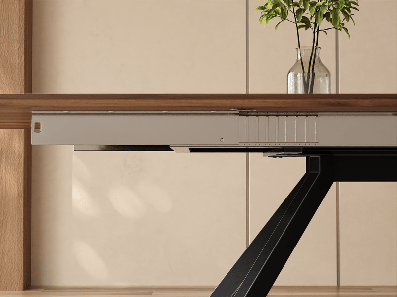  Table à manger extensible 160 à 240 × 90 × 74,5 cm, 3 longueurs, pieds métal, finition effet noyer  - Conforama E