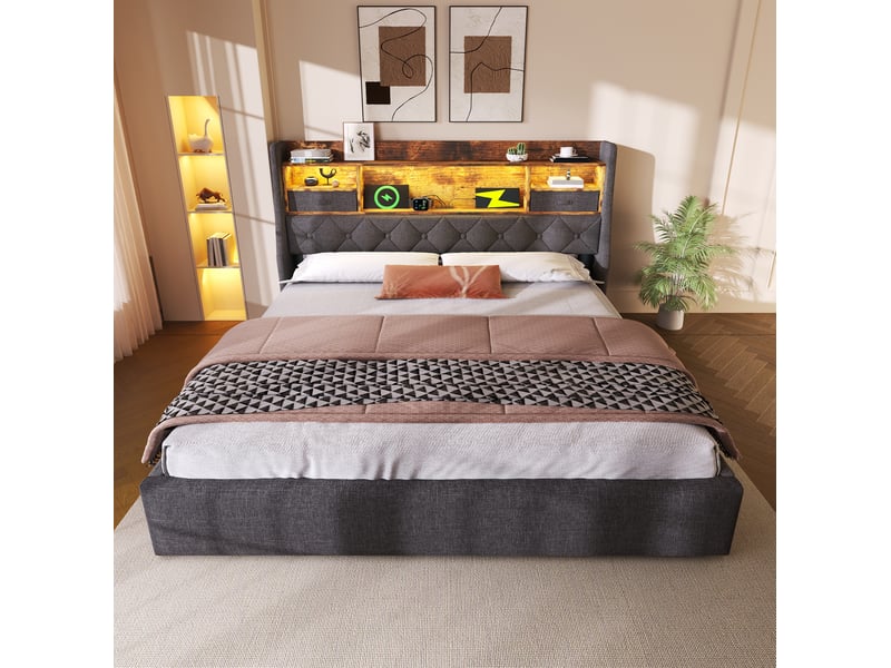 Lit coffre 140 x 200 cm avec matelas, led et ports usbtype-c gris  - Conforama B