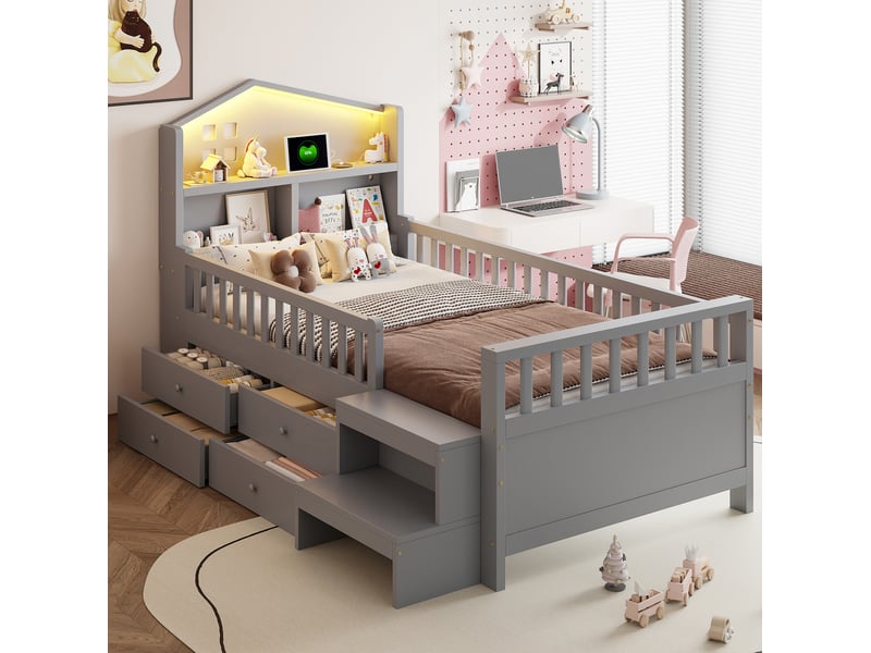  Lit cabane enfant 90x200 cm avec barrières, tiroirs, led et ports usb et type-c bois gris sans matelas  - Conforama B