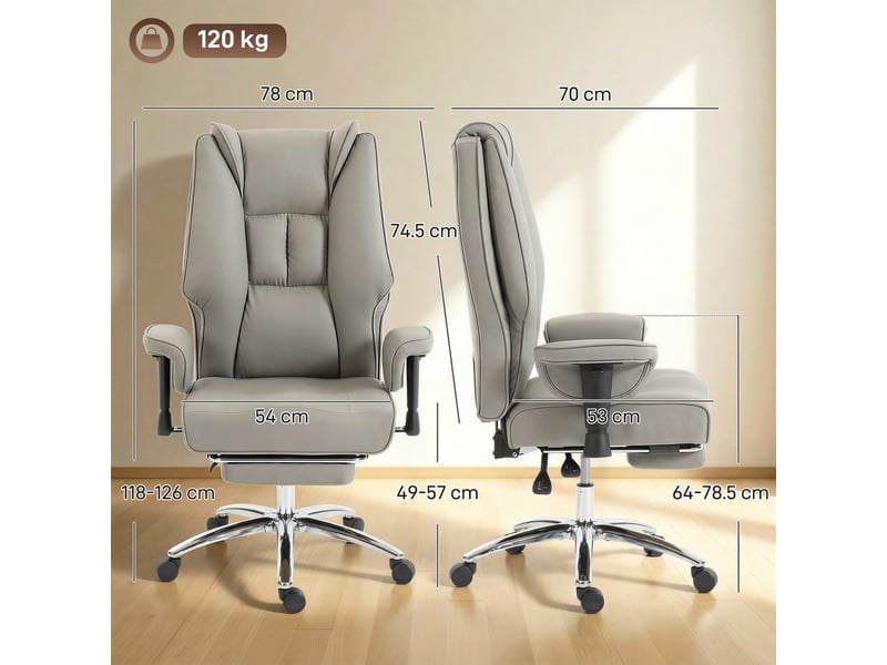  Fauteuil de bureau ergonomique inclinable avec repose-pieds, dossier haut, hauteur réglable, gris clair  - Conforama E