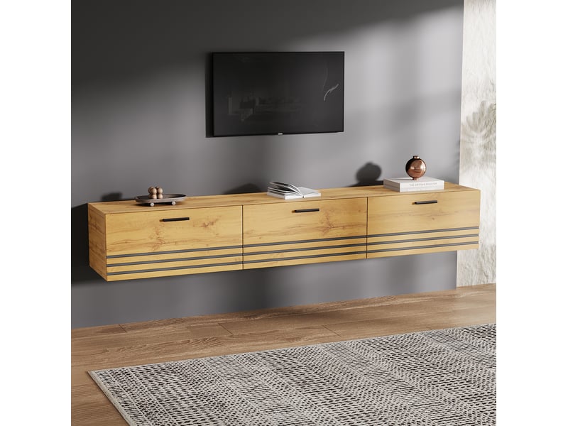  Meuble tv suspendu 160x30x25,5 cm à 3 tiroirs décor bois naturel  - Conforama B