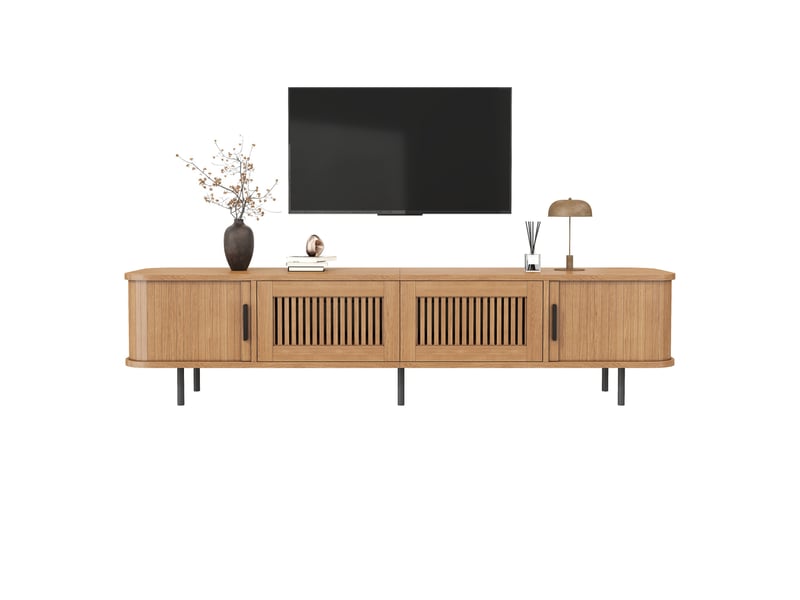  Meuble tv design scandinave, banc tv bas avec led connectée et portes coulissantes, en bois mdf et métal 180cm de salon, naturel  - Conforama A