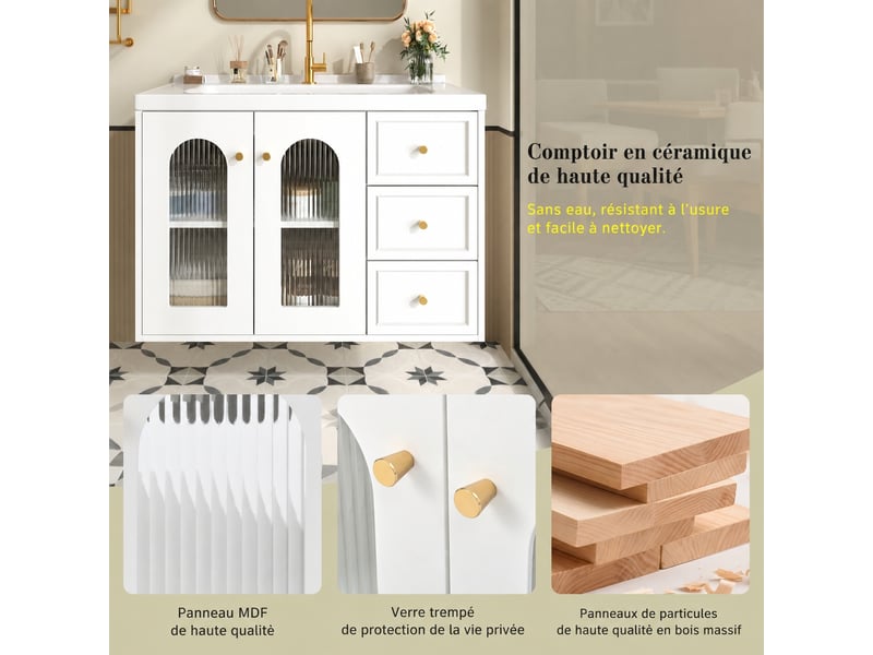Meuble vasque suspendu 80 cm blanc en mdf avec vasque intégrée en céramique - Conforama E