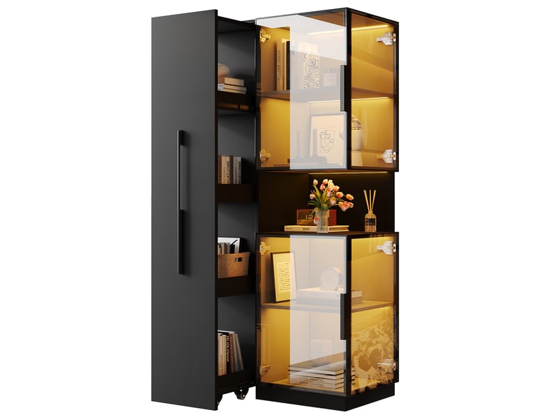  Vitrine en verre led 70x38x160cm meuble de rangement armoire haut avec éclairage led 4 portes étagère coulissante, noir  - Conforama A