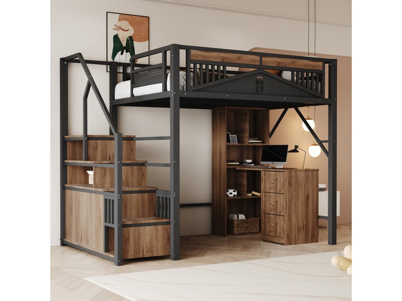  Lit mezzanine en métal 140 x 200 cm noir, échelle de sécurité avec placard, garde-corps à fenêtre et espace sous le lit  - Conforama E