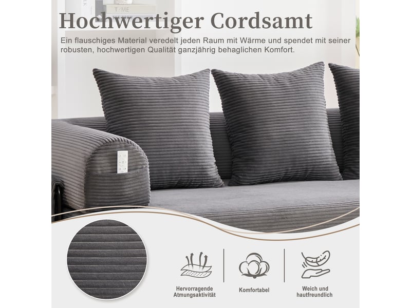  Canapé d'angle 2 places en velours côtelé gris foncé avec rangement latéral et 3 coussins inclus  - Conforama E