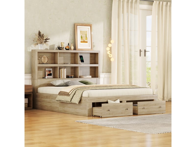  Lit double 160*200cm en panneau de particules, deux tiroirs au pied, tête de lit avec rangement, naturel  - Conforama C