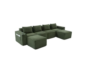 Canapé modulable vert 4 places en velours côtelé avec deux poufs, ressorts et mousse haute densité, pour salon contemporain