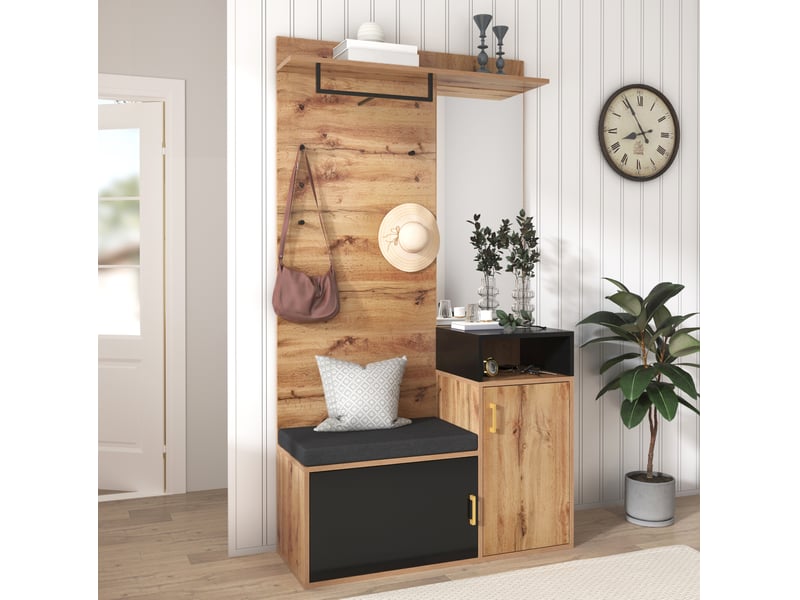  Meuble d'entrée avec miroir, banc à chaussures, 4 crochets, tringle, rangements en mdf noir et bois 105 × 40 × 191,5 cm  - Conforama B