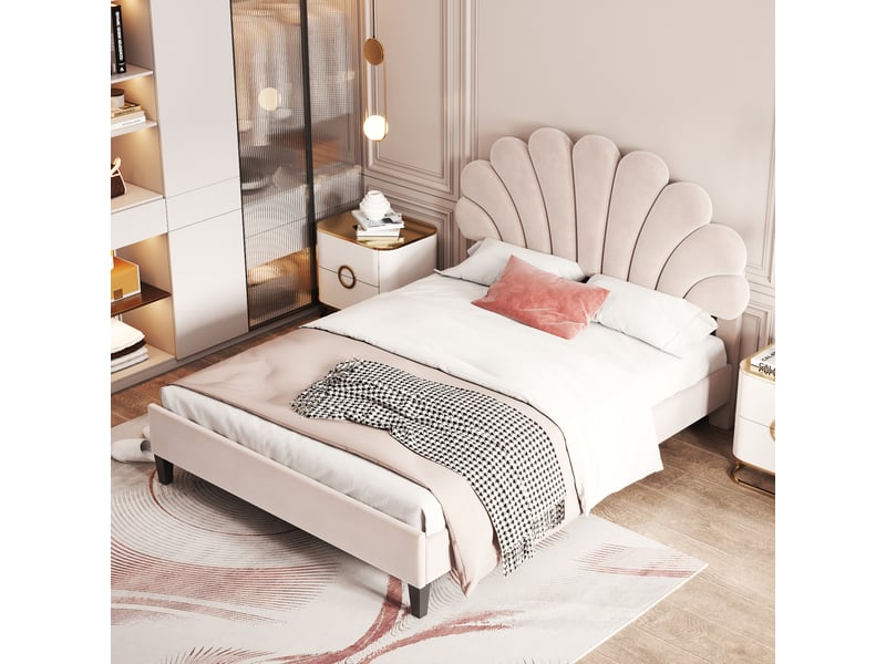  Lit adulte 140 × 200 cm 2 places avec tête de lit fleurie, sans matelas, en velours, beige  - Conforama E