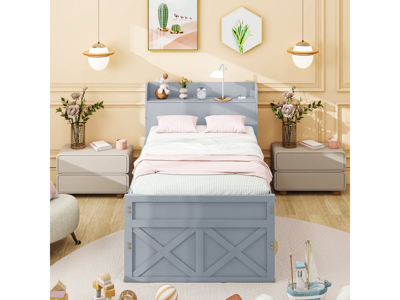 Lit gigogne 90x190 cm avec 2 tiroirs, table de chevet avec rangement et usb, sommier à lattes, pin massif, gris OMNIGLINT TRADING LTD - Conforama D