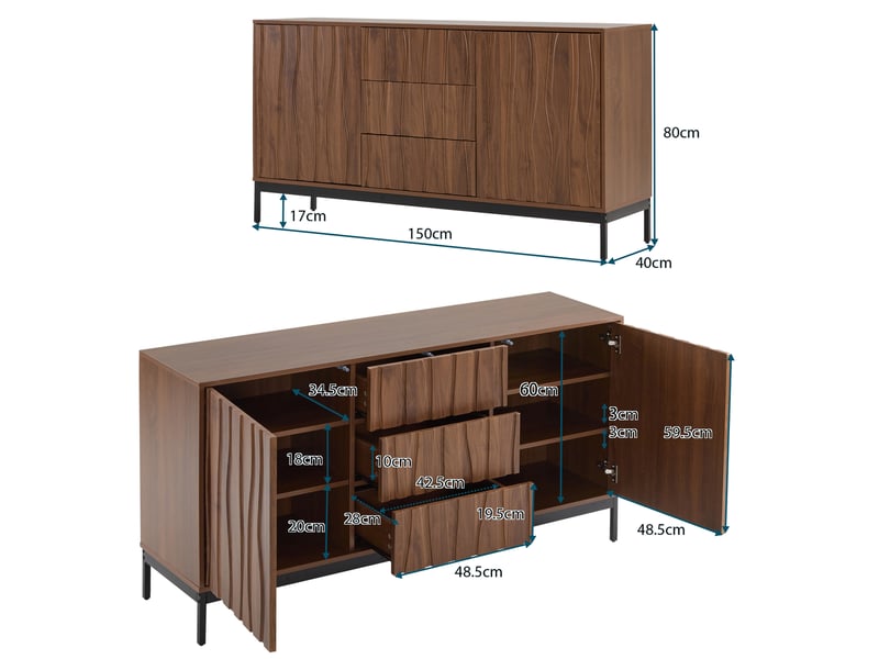  Buffet bahut bas avec tiroirs et étagères réglables, style mid-century moderne pour salon ou cuisine - mdf + pb - brun foncé - 150×40×80 cm  - Conforama E