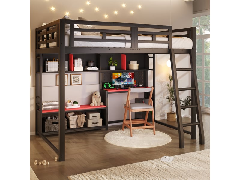  Lit mezzanine gaming 140 × 200 cm, métal et mdf, bureau, étagères, échelle fixe, led rgb, noir et rouge  - Conforama D