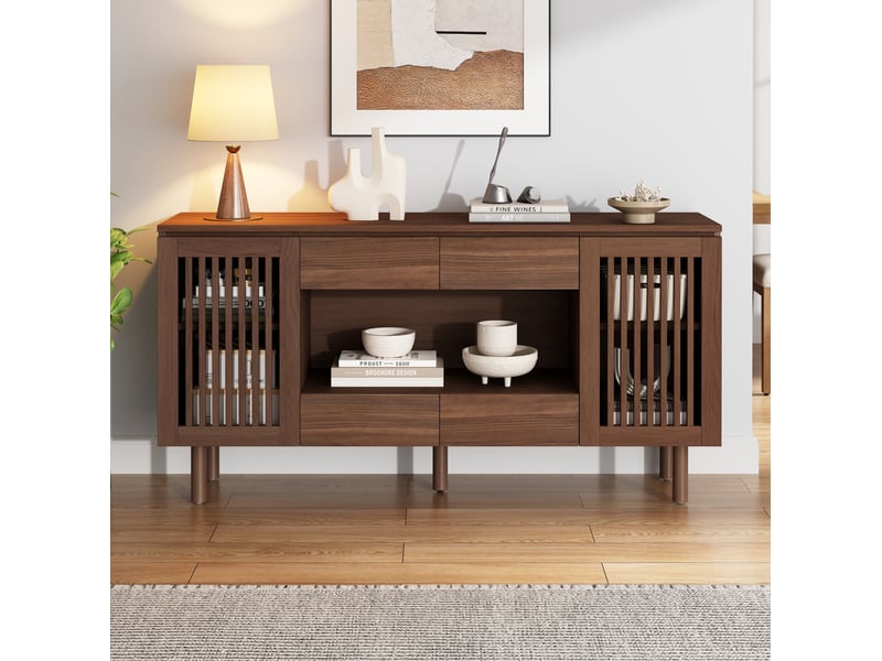  Buffet 140x35x71 cm avec 4 tiroirs et 2 portes à lamelles en mdf coloris noyer  - Conforama C