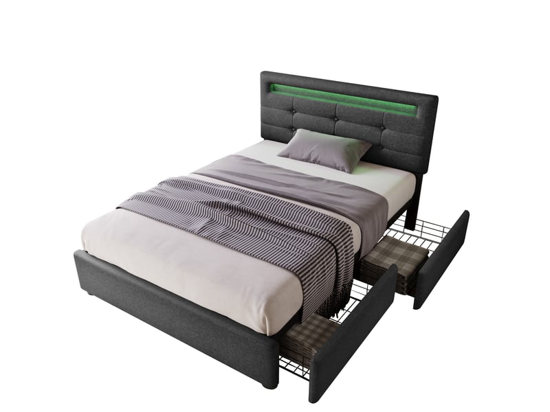 Lit enfant 90x200 cm, led, tiroirs, rangement, tête de lit réglable, sommier, lin gris, sans matelas - Conforama A