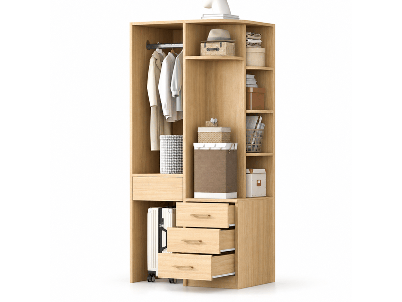  Armoire dressing 70x55x175 cm avec penderie ouverte, étagères multiniveaux, tiroirs, rangements ouverts et fermés, mdf effet bois naturel  - Conforama A