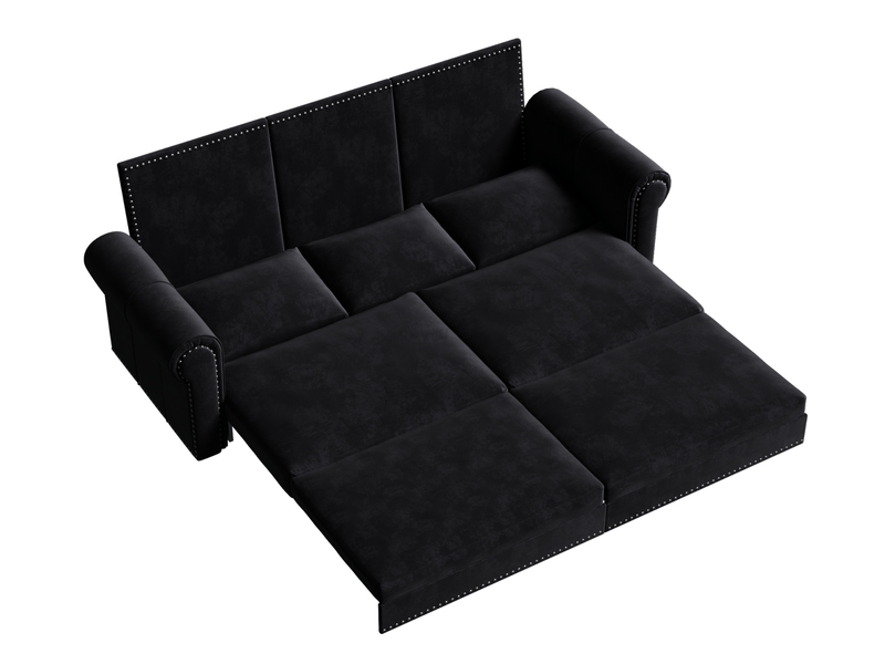 Canapé droit convertible 3 places en velours noir, 238 cm, style classique avec accoudoirs arrondis - Conforama A