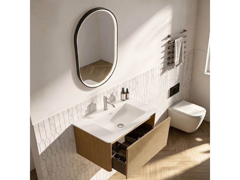 Ensemble meuble salle de bain 80 cm suspendu chêne avec miroir ovale led - Conforama B