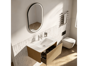Ensemble meuble salle de bain 80 cm suspendu chêne avec miroir ovale led
