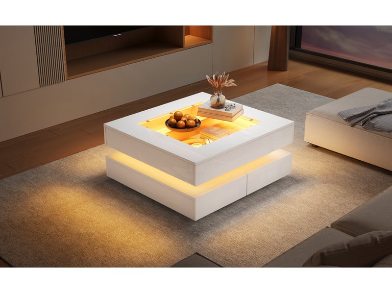  Table basse carrée avec 3 tiroirs et led, plateau en verre, surface laquée, pour salon, en verre et panneaux, blanc - uvrion  - Conforama C