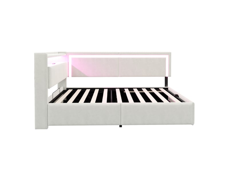  Lit canapé velours beige 90x200 cm avec led, usb et rangement hydraulique  - Conforama A