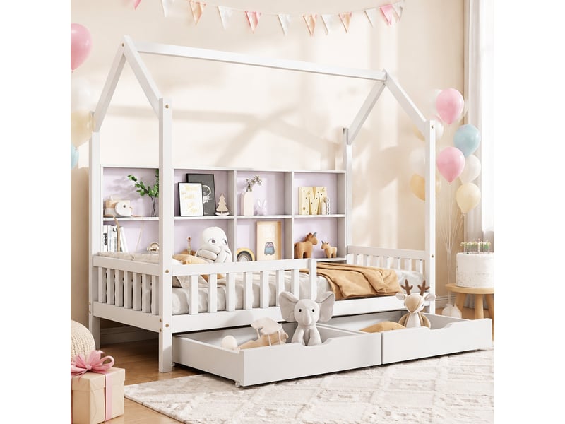  Lit enfant maison 90x200 cm bibliothèque, barrières, 2 tiroirs, sommier 15 lattes en pin, blanc sans matelas  - Conforama B