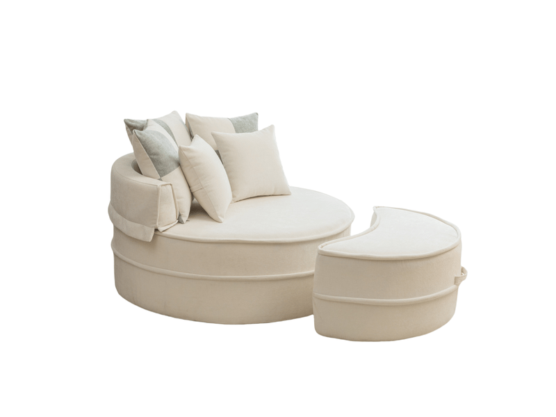  Fauteuil lounge rond 1 place beige en tissu avec 5 coussins et ottomane, confort mi-souple pour un salon moderne  - Conforama A