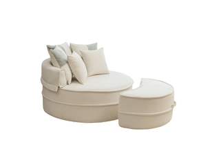 Fauteuil lounge rond 1 place beige en tissu avec 5 coussins et ottomane, confort mi-souple pour un salon moderne