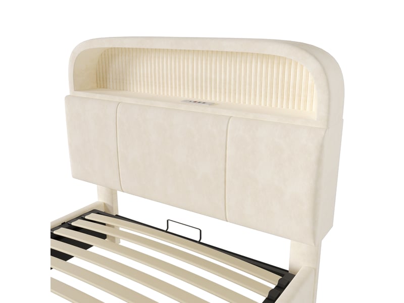  Lit coffre, lit simple en velours beige avec tête réglable, led et usb, 90x200 cm, matelas inclus  - Conforama E