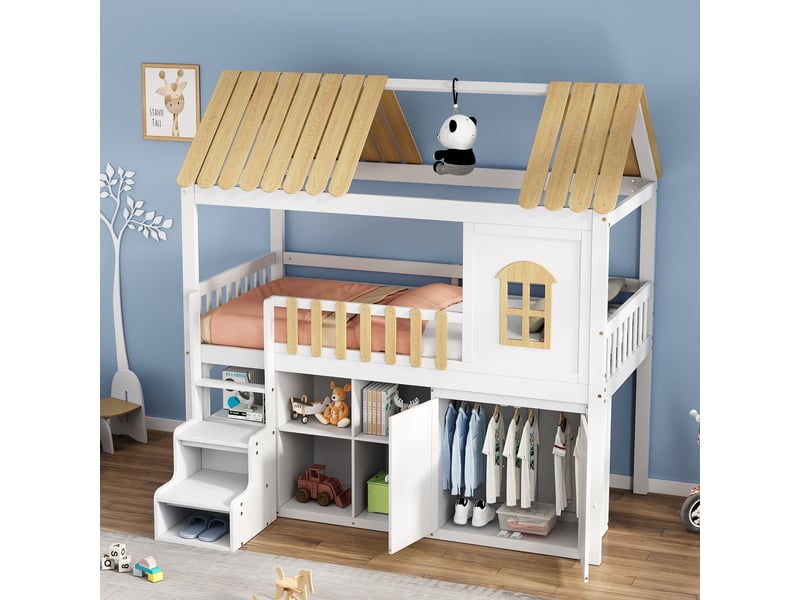  Lit mezzanine cabane enfant 90 x 200 cm avec armoire, étagère ouverte, banc à chaussures, fenêtre, marches sécurisées, pin, blanc et naturel  - Conforama C