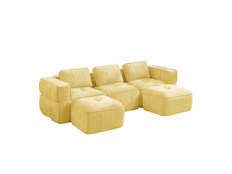 Canapé modulable en u 3 places avec deux poufs, canapé jaune pour salon à assise profonde, mousse 32d, tissu polyester doux - Conforama W