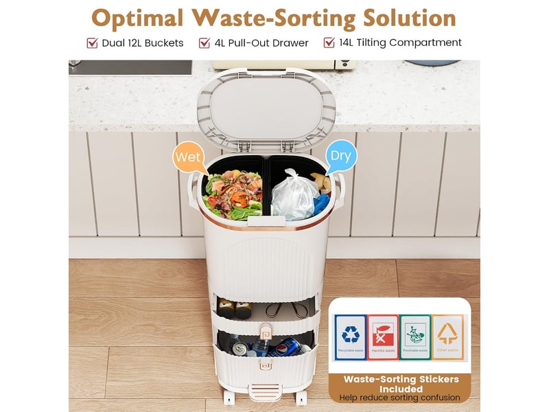  Poubelle cuisine 42 l, poubelle de recyclage verticale avec roulettes, 3 bacs amovibles, 1 tiroir et crochets, conteneur en polypropylène  - Conforama C