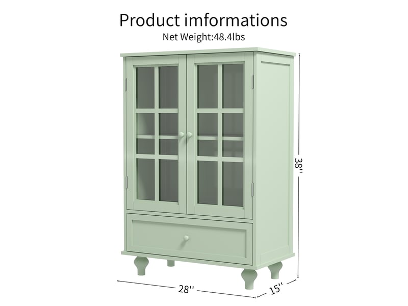  Buffet de cuisine - 71x38x93 cm - meuble de rangement minimaliste moderne en bois avec 2 portes vitrées et tiroir - vert  - Conforama E