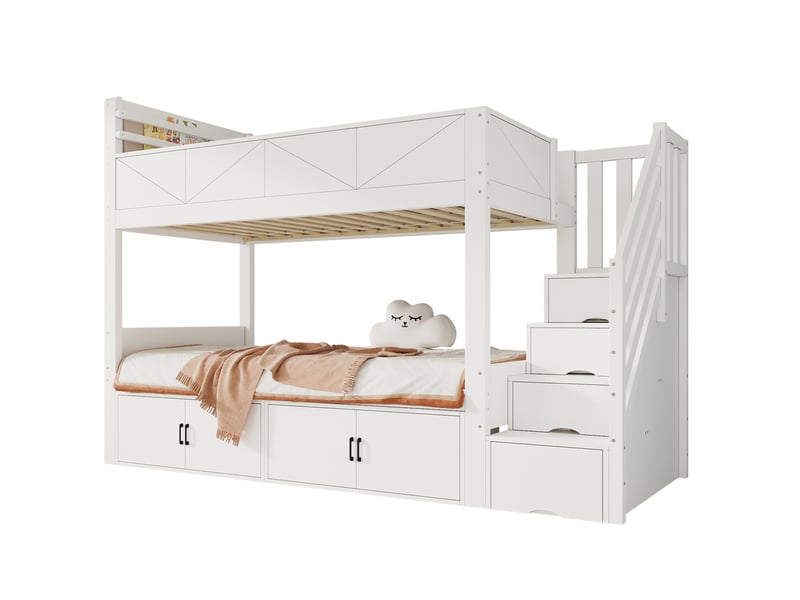  Lit superposé 90x200 cm, escalier de rangement et placards sous le lit, en bois, blanc, sans matelas  - Conforama A