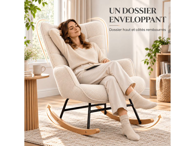  Fauteuil à bascule teddy, fauteuil berçant allaitement haut dossier avec accoudoirs, chaise berçante confortable pour lecture, salon, chambre bébé, adulte  - Conforama C