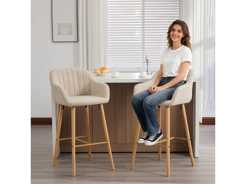 Tabouret de bar lot de 2 - chaise de salle à manger, dossier haut et accoudoirs, assise confortable en lin beige avec pieds en bois  - Conforama B