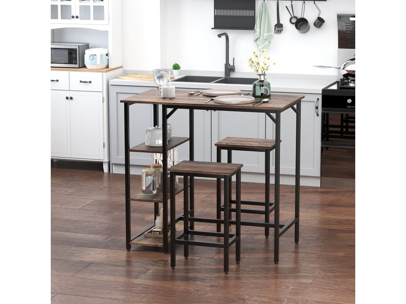  Ensemble table de bar et 2 tabourets avec repose-pieds, étagères à 3 niveaux et coussins, 109 x 60 x 100 cm, marron rustique  - Conforama D