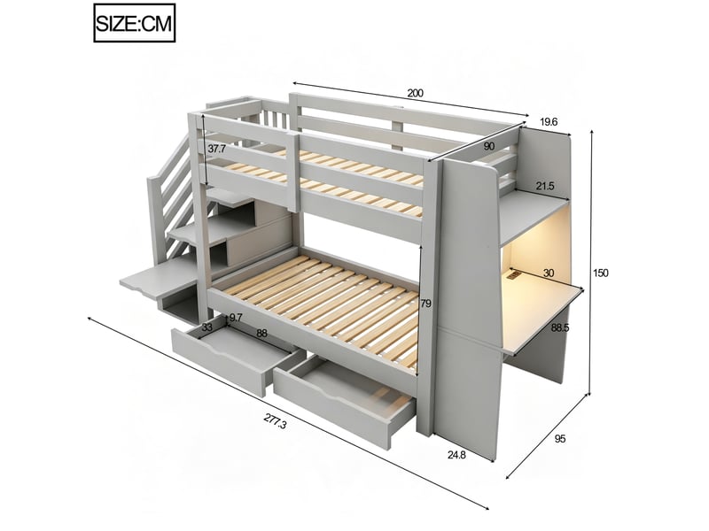 Lit superposé enfant 90x200 cm avec bureau, led et rangements gris - Conforama C