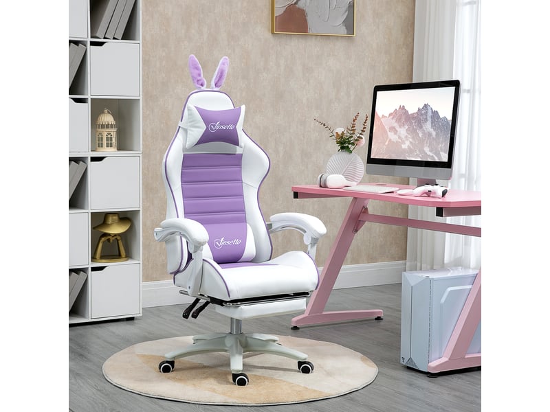  Fauteuil de jeu avec oreilles de lapin, repose-pieds, coussins, inclinable et hauteur réglable, violet  - Conforama C