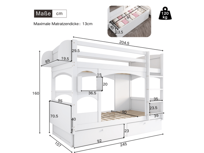  Lit superposé pour enfants en bois massif 90x200cm avec bureau pliant,étagère，échelle d'escalade et 2 tiroirs,sans matelas,blanc lit enfant blanc - Conforama C