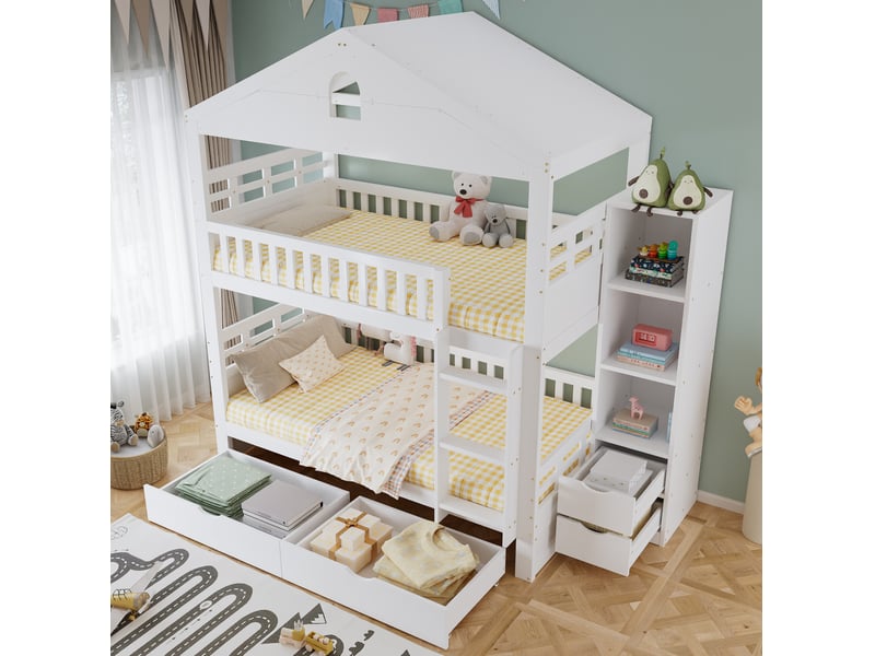  Lit superposé modenvie 90 x 200 cm style maison avec rangement et tiroirs blanc  - Conforama B