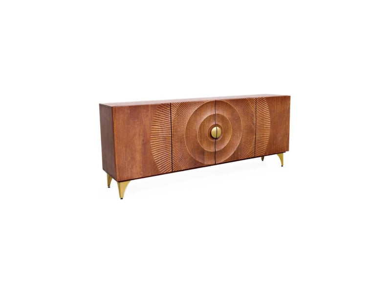  Buffet solaris 177 cm en bois massif de manguier – 4 portes sculptées motif solaire et pieds dorés  - Conforama A