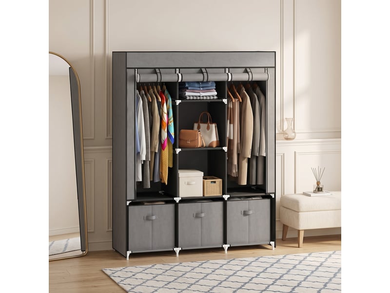  Armoire en tissu avec 2 penderies, 5 étagères ouvertes, 3 tiroirs, fermeture éclair, structure en acier, 125 x 43 x 162,5 cm, grise  - Conforama D