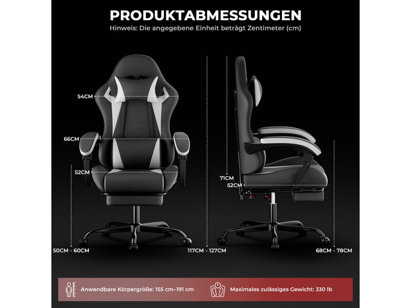 Chaise gaming ergonomique noir et blanc, réglable en hauteur avec appui-tête et coussin lombaire, fauteuil PC confortable - Conforama C