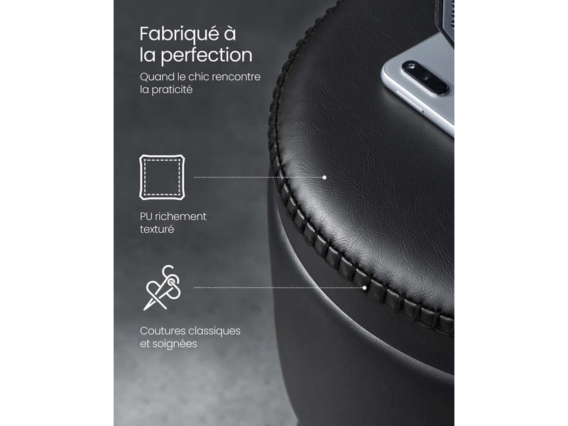  Pouf de rangement tabouret de coiffeuse pu avec coutures moderne mi-siècle tabouret de rangement rond avec pieds en acier capacité 150 kg noir 12_0005359  - Conforama B