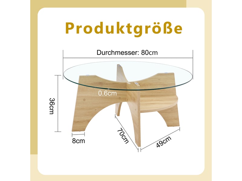  Table basse rond 80×80×36 cm, mdf et verre, bois et transparent Fay Lum - Conforama C