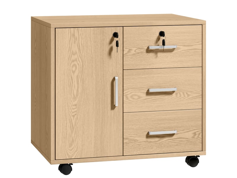  Caisson bureau meuble de rangement verrouillable avec 3 tiroirs et étagère réglable, roulettes, marron clair, 40 x 60 x 56 cm  - Conforama B