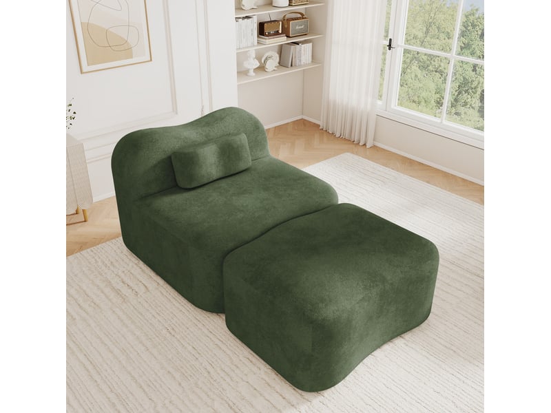  Canapé modulaire 1 place sans structure intérieure avec ottoman et coussin mobile en velours vert  - Conforama D