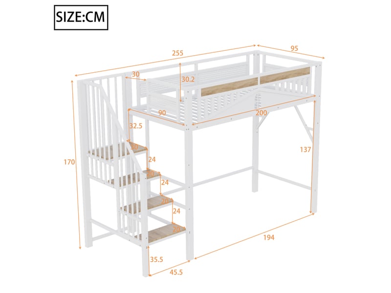  Lit mezzanine 90x200 cm avec échelle de sécurité et rangement en métal et bois blanc  - Conforama E