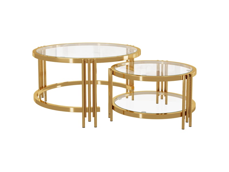  Lot de 2 tables basses gigognes 80×80×45 + 60×60×33,5 cm, plateau de table en verre, cadre en métal - doré + transparent  - Conforama D